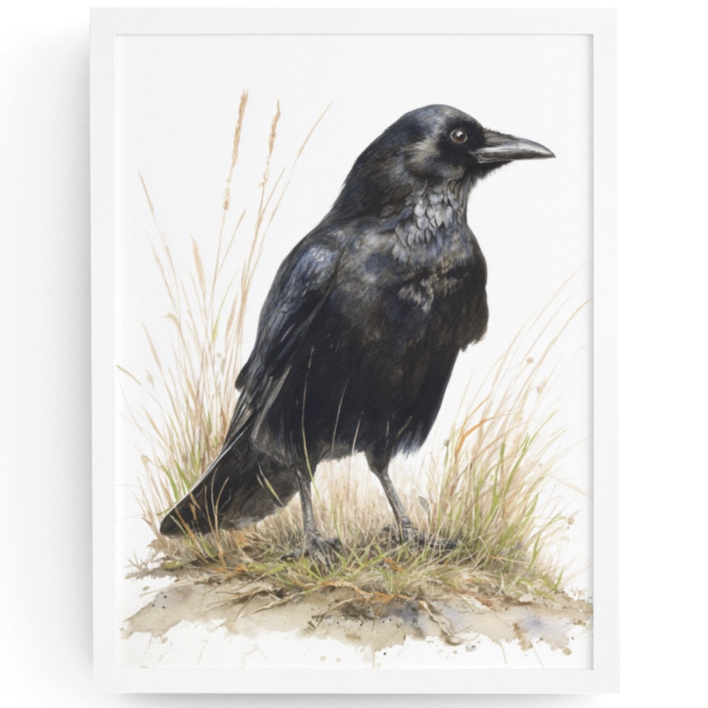 Watercolor Black Crow Wall Art Print Unframed - Black Bird Raven Illustration